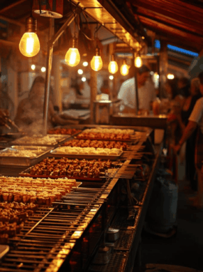 Suasana street food modern Indonesia tahun 2025 dengan kuliner Nusantara terbaru.