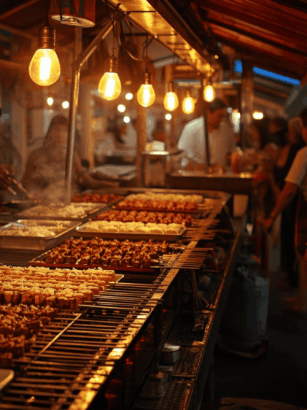 Suasana street food modern Indonesia tahun 2025 dengan kuliner Nusantara terbaru.