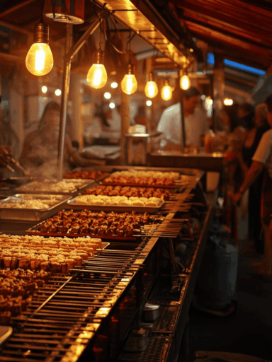 Suasana street food modern Indonesia tahun 2025 dengan kuliner Nusantara terbaru.