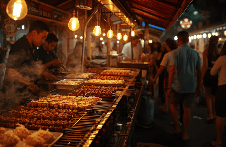 Suasana street food modern Indonesia tahun 2025 dengan kuliner Nusantara terbaru.