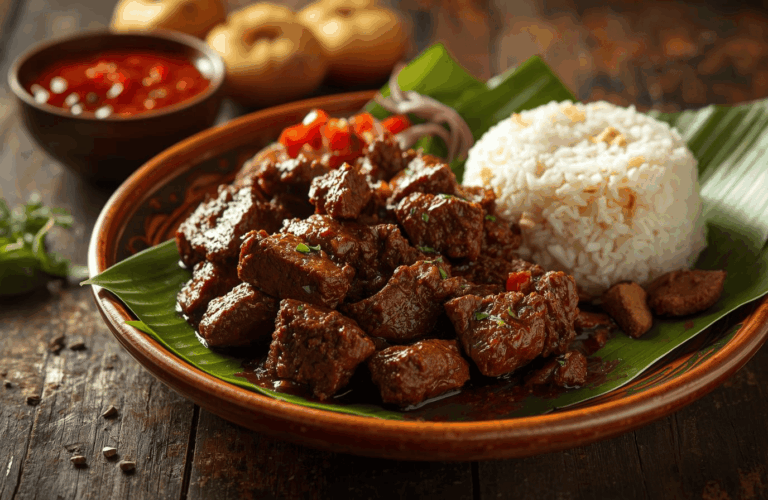 Rendang khas Sumatra sebagai kuliner Indonesia autentik dengan bumbu rempah kaya