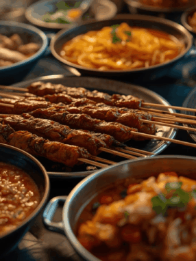 Aneka hidangan kuliner malam Indonesia populer tersaji di meja.