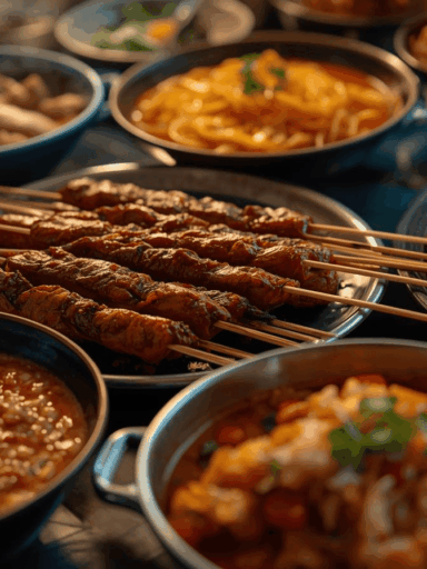 Aneka hidangan kuliner malam Indonesia populer tersaji di meja.