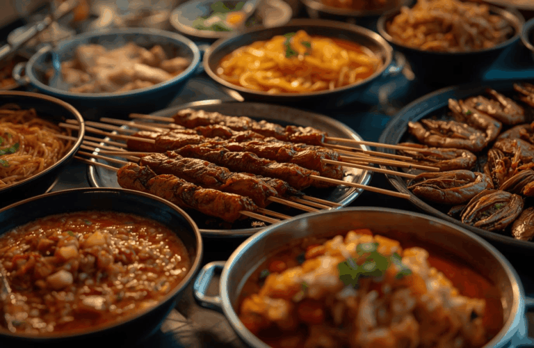 Aneka hidangan kuliner malam Indonesia populer tersaji di meja.