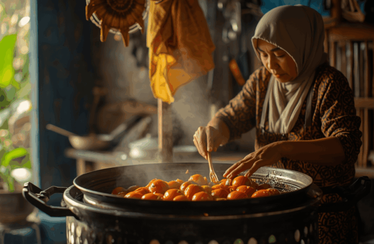 Ibu memasak kuliner rumahan Indonesia di dapur sederhana