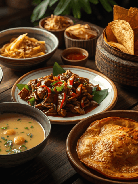 Aneka makanan khas daerah Indonesia tersaji di meja kayu tradisional