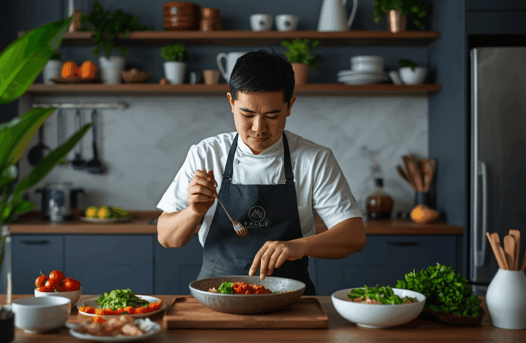 Profesional Indonesia menyiapkan makanan sehat praktis di dapur rumah