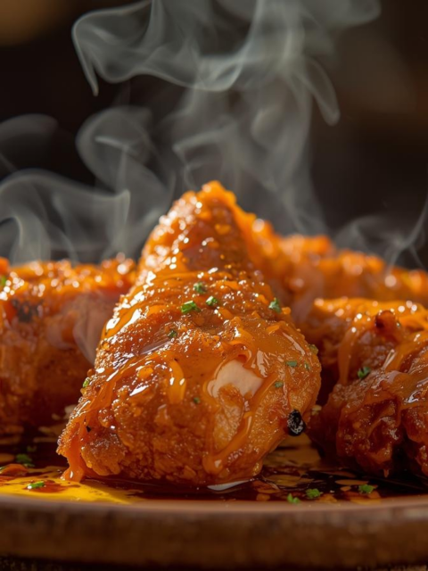 Ayam goreng saus mentega pedas dengan tampilan mengkilap dan tekstur crispy