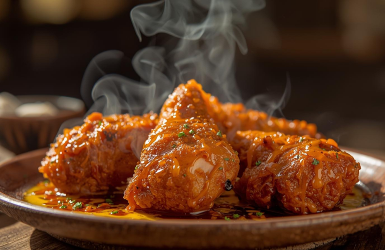 Ayam goreng saus mentega pedas dengan tampilan mengkilap dan tekstur crispy
