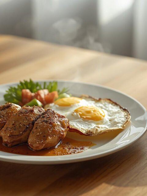 Hidangan ayam lada hitam dan telur crispy sebagai contoh masakan rumahan cepat