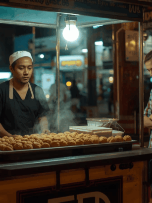 Gerobak bakso street food Indonesia di malam hari