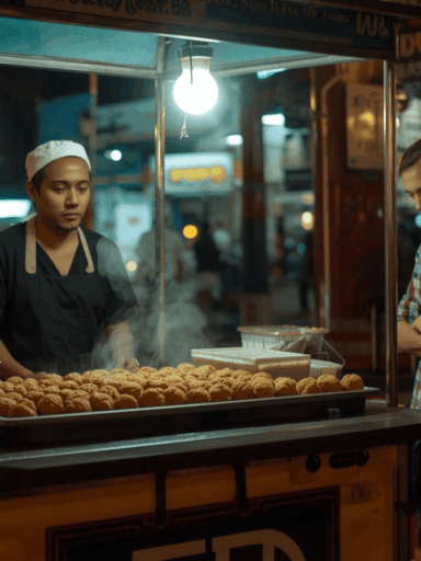 Gerobak bakso street food Indonesia di malam hari