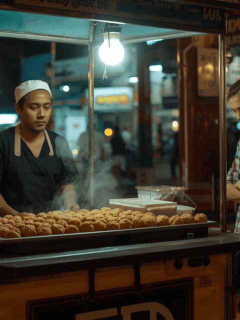 Gerobak bakso street food Indonesia di malam hari