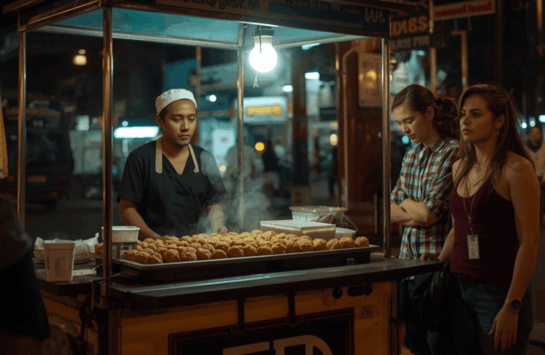 Gerobak bakso street food Indonesia di malam hari