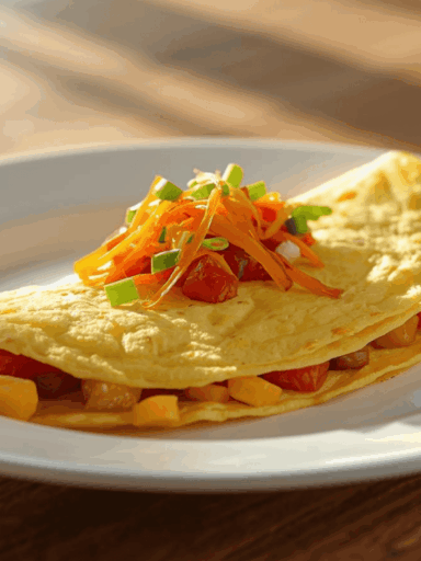 Telur dadar hangat dengan sayuran segar di piring putih, sarapan sehat di dapur cozy.