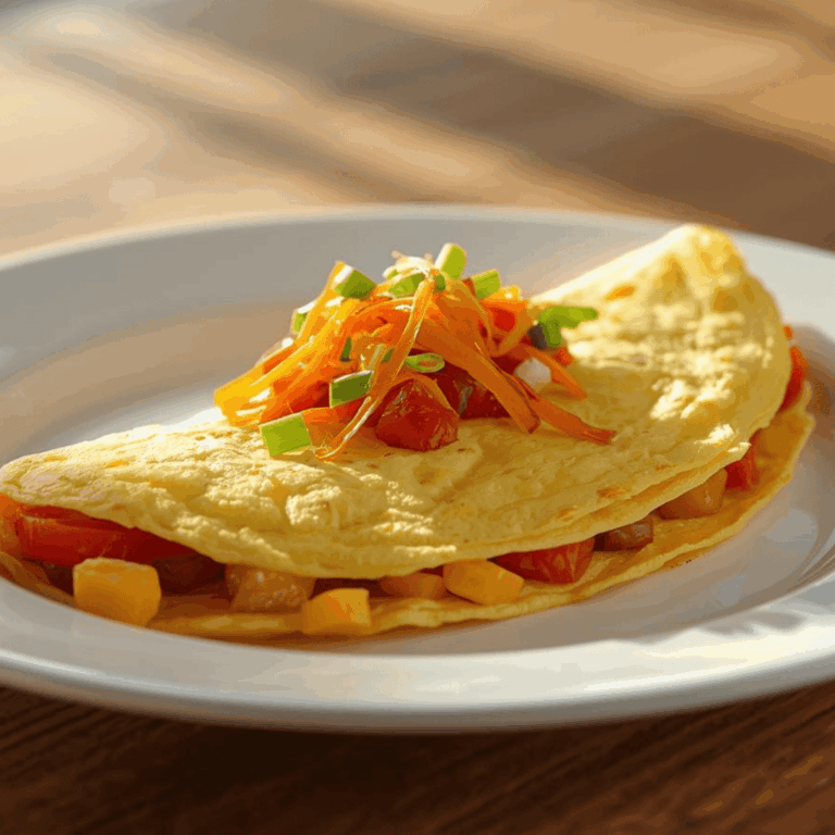 Telur dadar hangat dengan sayuran segar di piring putih, sarapan sehat di dapur cozy.