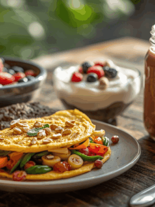 Menu sarapan tinggi protein dengan cahaya pagi alami