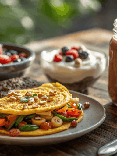 Menu sarapan tinggi protein dengan cahaya pagi alami