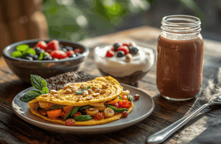 Menu sarapan tinggi protein dengan cahaya pagi alami